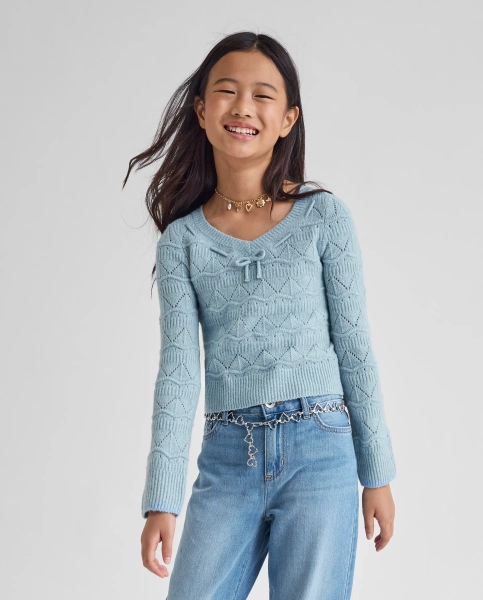 Girls Pointelle Bow Sweater - COASTAL COTTAGE