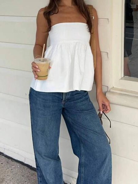Women Off Shoulder Strechable Pure Color A-Line Loose Hem Tube Tops - Size L