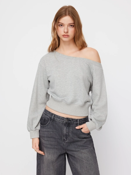 Terry Asymmetrical Neck Long Sleeve Sweatshirt