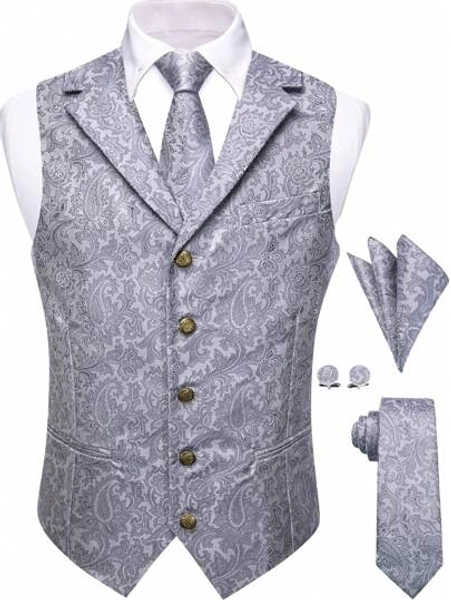 Men's Jacquard Vest Suit Set (Includes Tie, Cuff, Handkerchief)- Elegant Tuxedo Waistcoat For Weddings, Homecoming, Cruise & Formal Events | Dress Vest Jacket With Jacquard Pattern
