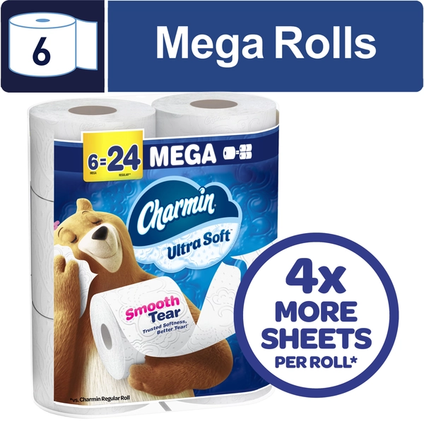 Charmin Ultra Soft Toilet Paper 6 Mega Rolls, 224 Sheets Per Roll - Walmart.com