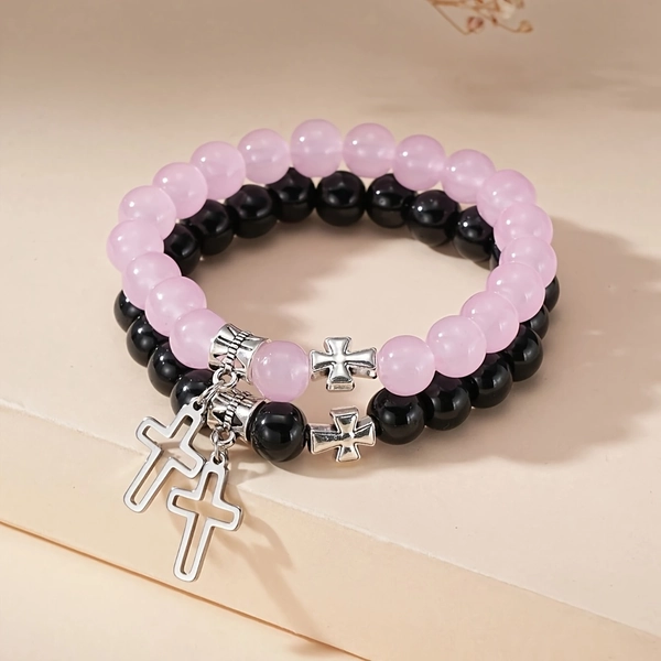 2pcs 2pcs Hollow Cross Pendant Beaded Stretch Couple Bracelets - Heart-Themed Matching Gift Suitable for Daily Wear, Parties, Valentine' Day, Year-Round Elegant Beaded Cross for Everyday for Loved Ones