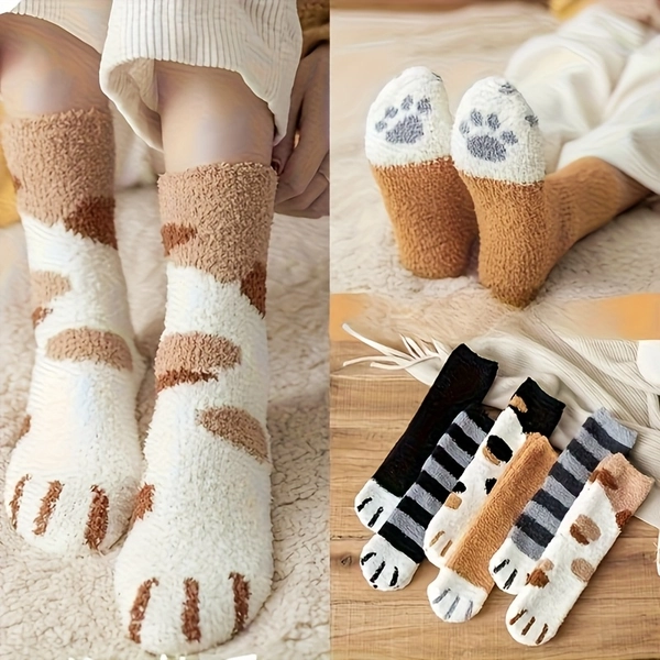 Random 3 Pairs Autumn And Winter 3 Pairs of Women'S Cat Paw Pattern Thick Warm Socks, Comfortable And Breathable, Coral Stripe Cute Design Floor Socks, Suitable for Cold Weather