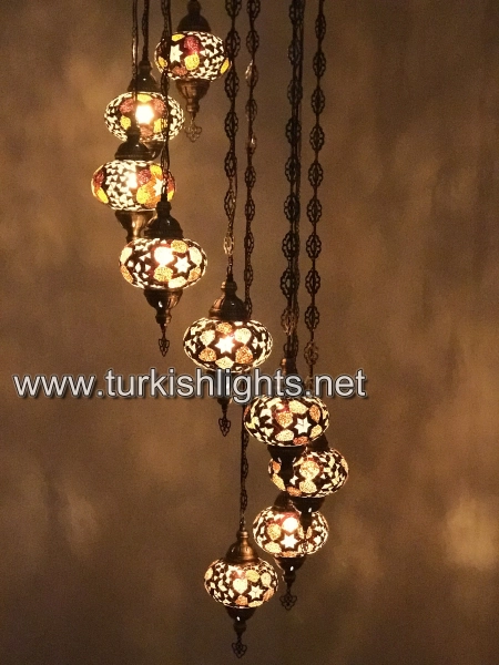 9 Ball Turkish  Mosaic Chandelier, LARGE BROWN GLOBES