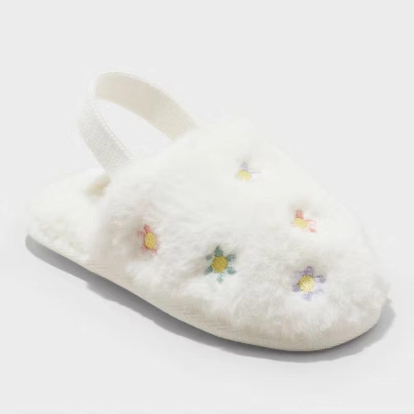 Toddler Nova Embroidered Flower Slippers - Cat & Jack™ Cream 5T-6T: Slip-On, Indoor/Outdoor Outsole, Closed Round Toe