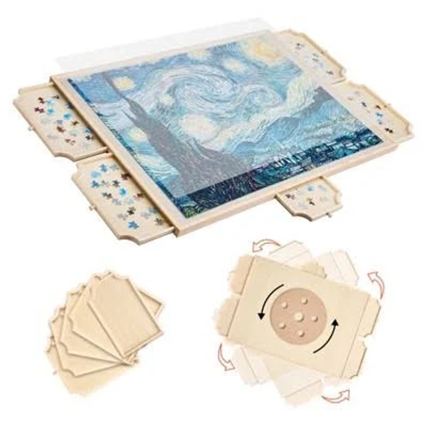 VEVOR 1500 Piece Rotating Puzzle Board with 5 Drawers and Cover, 34x25 inch in Portable Wooden Table, Jigsaw Puzzle Accessories, Beige