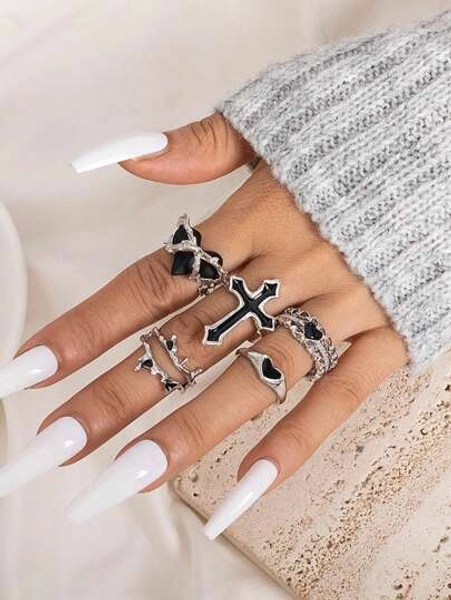 5pcs/Set Fashionable Exquisite Black Heart & Cross With Rhinestone Detail Adjustable Oil Drop Open Ring, Perfect For Festival Gift Valentines