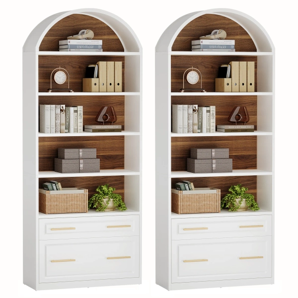 5-Tier White Arched Bookshelf with File Cabinet Drawer, 76.8" Tall Freestanding Wooden Bookcase