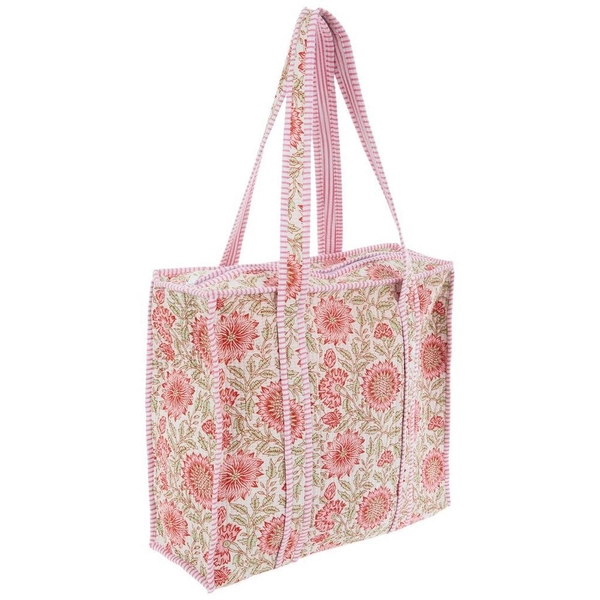 Pink &amp; White Floral Striped Quilted Tote Bag