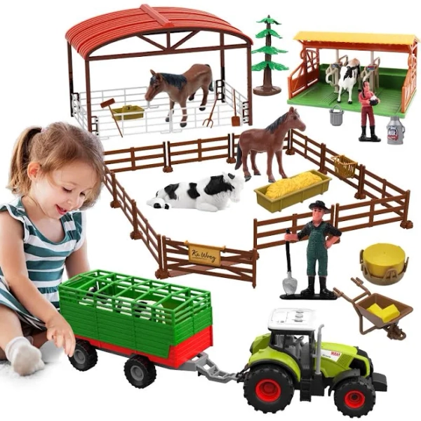 Dwi Dowellin Kids Tractor Toy Farm Playset,Toddlers Farm Vehicle Toys With Light&Sound,69 Pcs Farm Toys Set With Farm Animals Fences Farmers For Kids