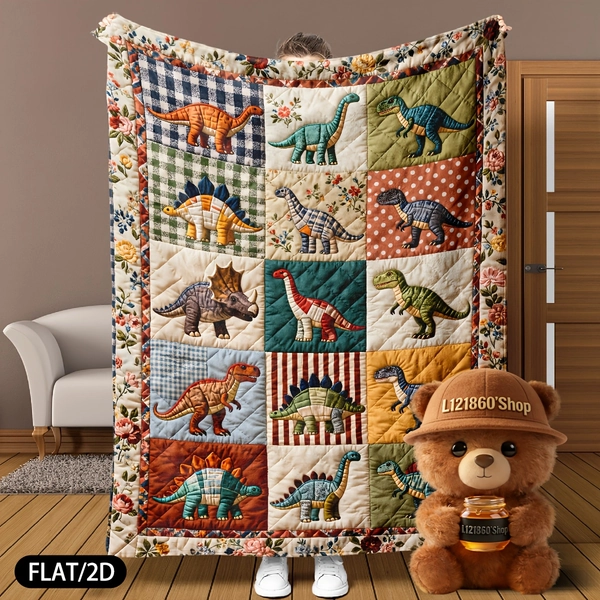 [Flat/2D]digital Printing Vintage Patchwork Dinosaurs Flannel Blanket, Soft and Warm, Suitable for Bedroom, Living Room, Car, Home Decoration. Warm Blanket for Dinosaur Enthusiasts with Various Patchwork Style Dinosaur Elements.