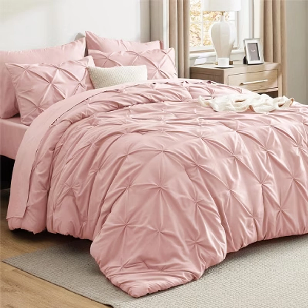 Solid Diamond Pintuck 7pcs Twin Pink Bedding Set Comforter Set - Bedsure