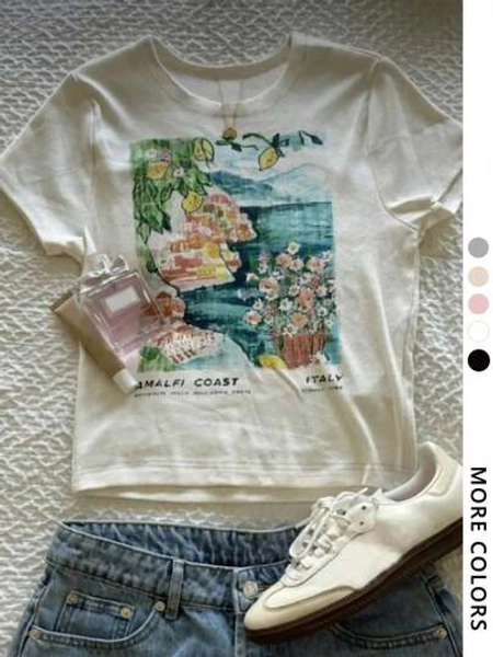 [Graphic Tee] 100% Cotton Women's Slogan & Floral Print Round Neck Short Sleeve Casual Versatile T-Shirt, Y2K Style, Fitted, All Seasons, Graphic Pattern, Spring Tops, Summer Camisas, Autumn Short Sleeves Camiseta, S-7XL T-Shirt For All Body Types, Perfect For Dates, Outdoor Activities And Casual Wear