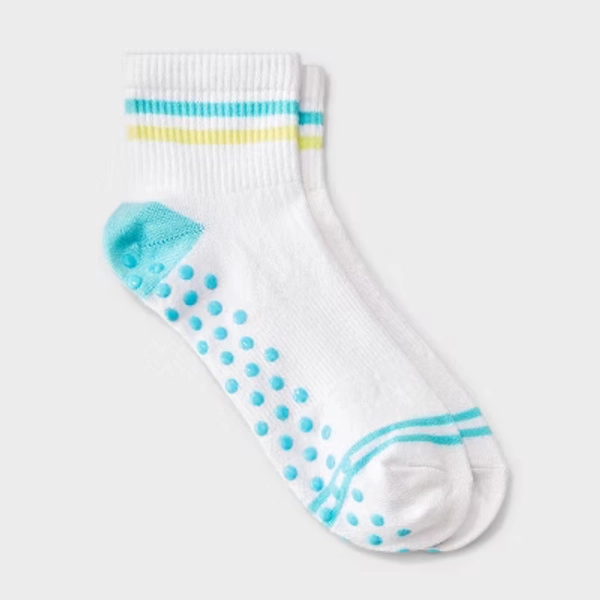 Women's Striped Pilates Ankle Grip Socks - JoyLab™ Blue/Yellow 4-10