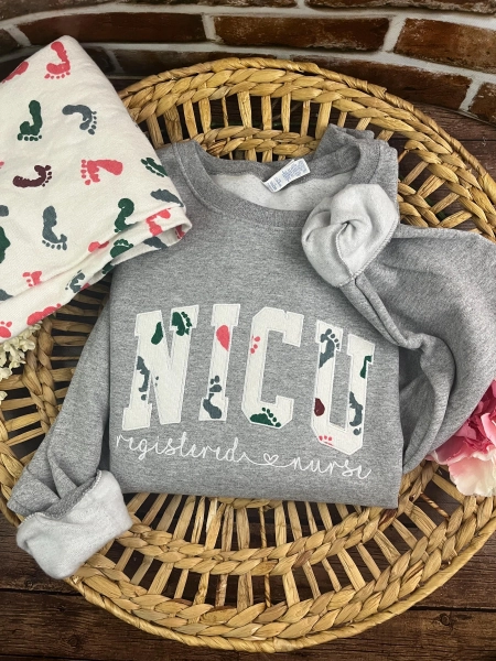 Curved NICU Nurse sweatshirt from Baby Hospital Blanket - Labor and Delivery RN NICU - Fabric Keepsake Sweatshirts or T-shirt- Applique