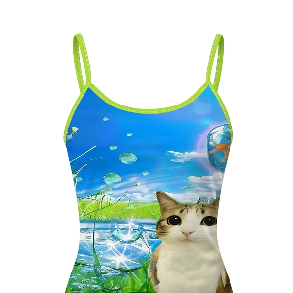 Women' Cat Print Camisole Tank Top - Sleeveless Summer Smock Top with Full-Body Kitten & Green Trim, Breathable Non-Sheer Shirt Suitable for Casual Wear, Office,, Machine Washable