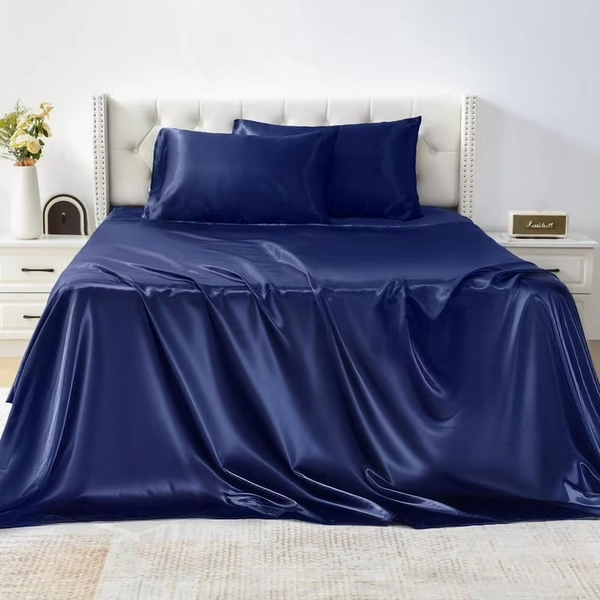 JUSTLET Satin Bed Sheets Set Queen Size, Luxury Silky Sheet Set 4 Pieces with 1 Deep Pocket Fitted Sheet,1 Flat SHeet, 2 Pillowcases, Ultra Soft & Wrinkle Free for Hair and Skin,