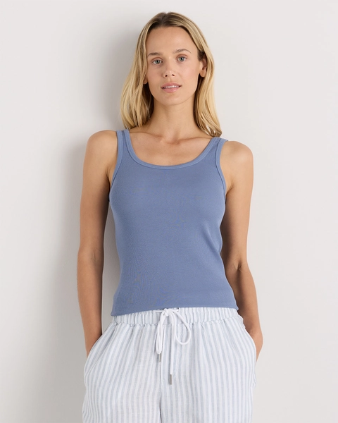Organic Cotton Micro-Rib Scoop Neck Tank in Moonstone Blue
