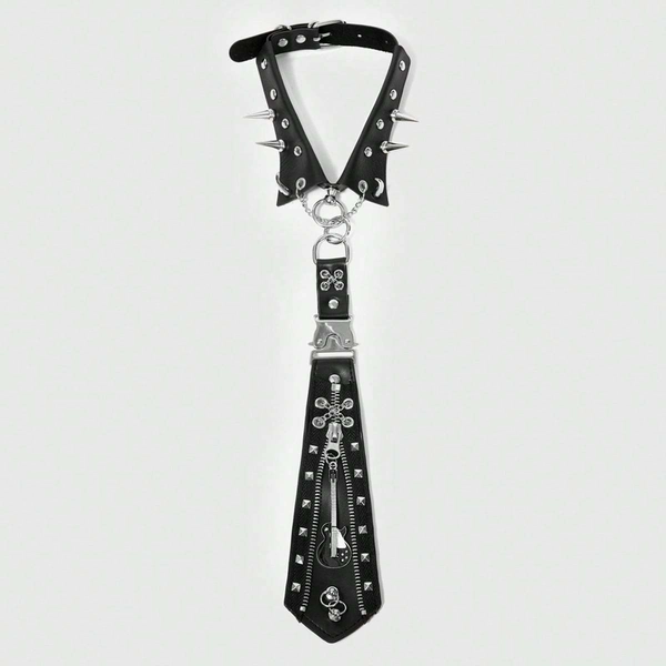 Y2K Punk Style Studded Zipper Metal Skull Unisex Tie, Landmine Aesthetic Dark Accessory, Unique Personality Statement Piece