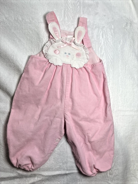 Vintage Pink Bunny Embroidered Corduroy Overalls 3-6 Month Baby Easter Cotton