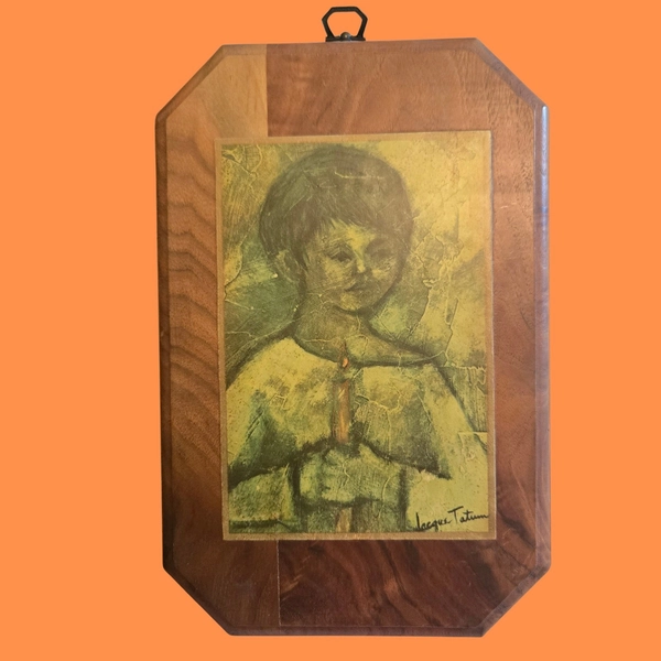 Vintage Jacques Tatum Child with Candle Wood Plaque Wall Art Mid Century Modern