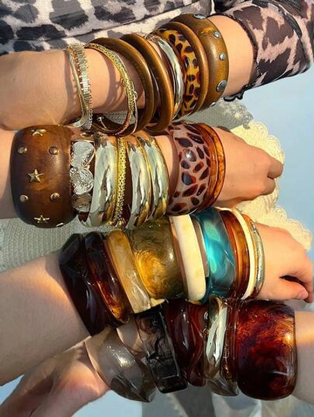 Random 21pcs/16pcs/11pcs/8pcs/4pcs/1pc Vintage Elegant Metal Multi-Element Medieval Style Antique Coin Asymmetrical Acrylic Gradient Transparent Brown Blue Green White Leopard Print Thick Resin Bracelet