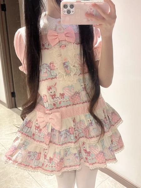 Sweet Cartoon Print  Knot Patchwork Doll Collar Pink Dress Women's Fashion Summer Short Sleeve Cake Skirt Style Loli... - AliExpress 200000345
