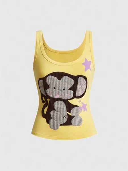 ROMWE Kawaii Spring/Summer Vacation Style Handmade Cute Elephant Applique Embroidery Contrast Design Women's Tank Top, Suitable For Island, Dating, School, Valentine's Day, Home, Afternoon Tea And Other Daily Wear - Size XS