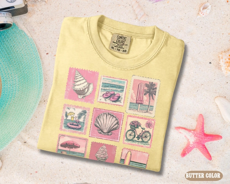 Vintage Beach Summer Vacation Shirt, Coastal Beach Apparel, Beachy Tee, Vintage Stamp Shirt for Women, Cute Summer Clothes, Sea Lovers Shirt