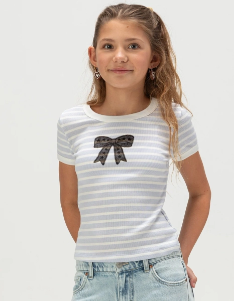 FULL TILT Stripe Bow Girls Ringer Tee - BLUE COMBO