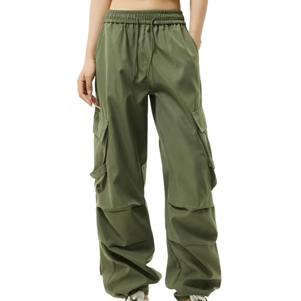 QQAMB Cargo Pants for Women Elastic Waist Solid Color Drawstring Parachute Pants with Pockets Army Green XL