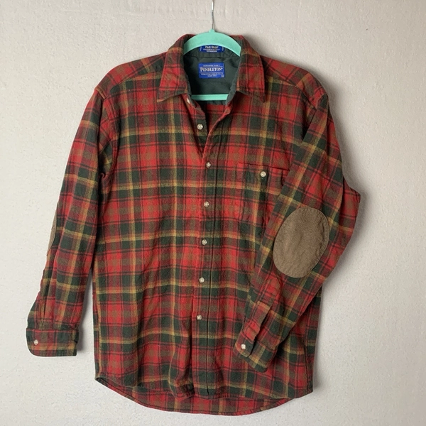 Pendleton Trail Shirt Mens Large Red Plaid Wool Elbow Patch Maple Leaf Tartan