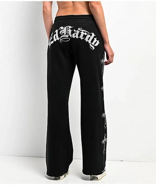 Ed Hardy Crosses Rhinestone Wide Leg Sweatpants