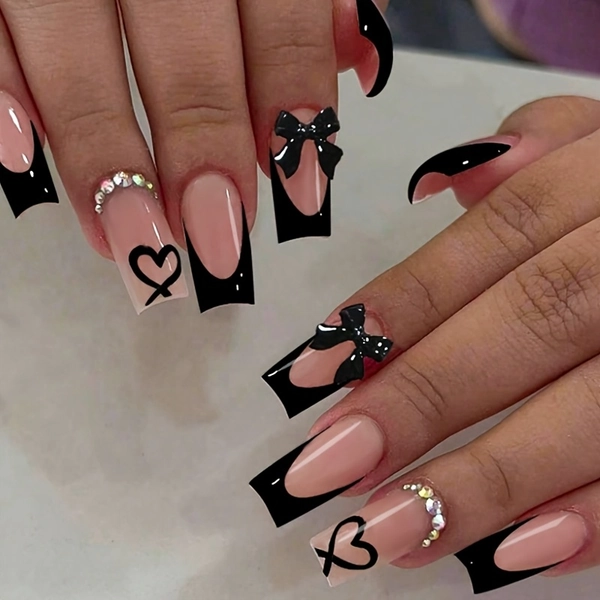 24pcs Press-on Water Pipe Nails, Black French Tip with Bow Design & Heart Accents, Glossy Finish, Square Shape, Medium Length - Stylish False Nails for Women and, Nail Art Accessories|Glossy Finish|Square Shape Nail