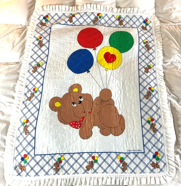 Retro 1980s Child Quilt That's Our Baby Bear Balloons Ruffles 47" x 38"