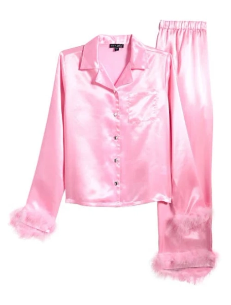 Ava & Yelly Kids' Faux Fur Trim Satin Pajamas