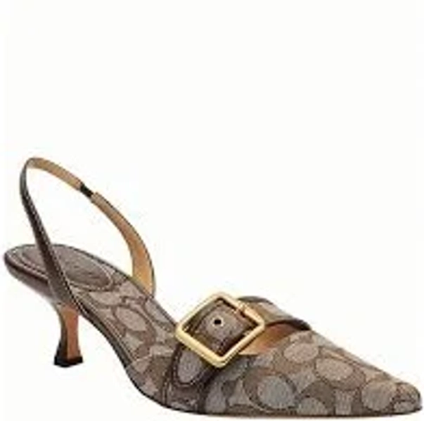 COACH Margot Signature Logo Jacquard Buckle Hardware Slingback Kitten Heel Pumps, Size 8 - Oak/Maple