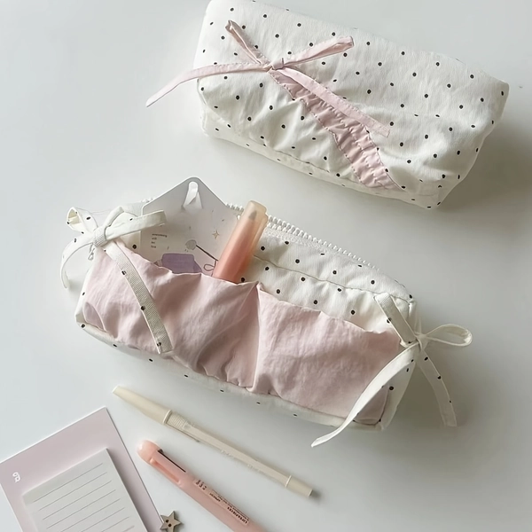 Adorable Polka Dot & Strawberry Milk Pencil Case with Heart Bow Design - White with Pink Accents, Zippered Compartment, Perfect for School and Office Supplies, Cute Pencil Holder, Vibrant Design, Secure Zipper Closure