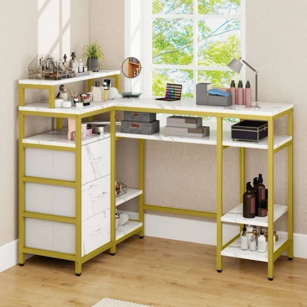 Everly Quinn L-Shape Nail Desk with Metal Frame and Storage Drawer
