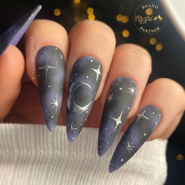 Press on nails, moon press on, celestial nails, witchy press on, matte and shiny, silver moons, glue on nails, stick on nails, vegan