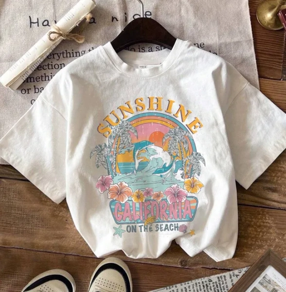 SHEIN Retro 90s Tween Girl Casual Minimal Oversized Landscape & Sun Graphic T-Shirt