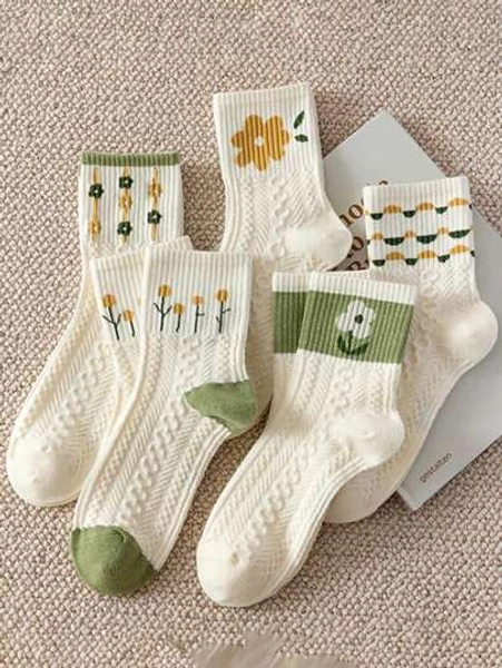 5 paia/10 pezzi Calzini alla caviglia da donna con motivo floreale verde carino, comodi e traspiranti, versatili, adatti per l'autunno