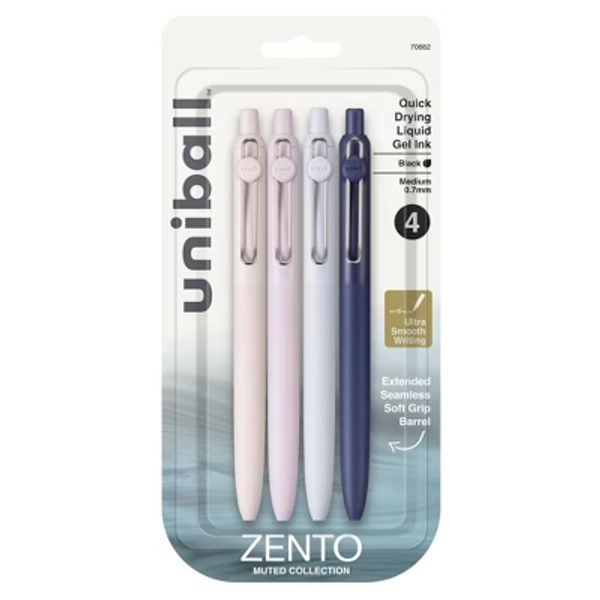 uniball 4pk Zento Retractable Liquid Gel Pens Medium Point 0.7mm Muted Black: Retractable Rollerball, Quick Drying, Stationery