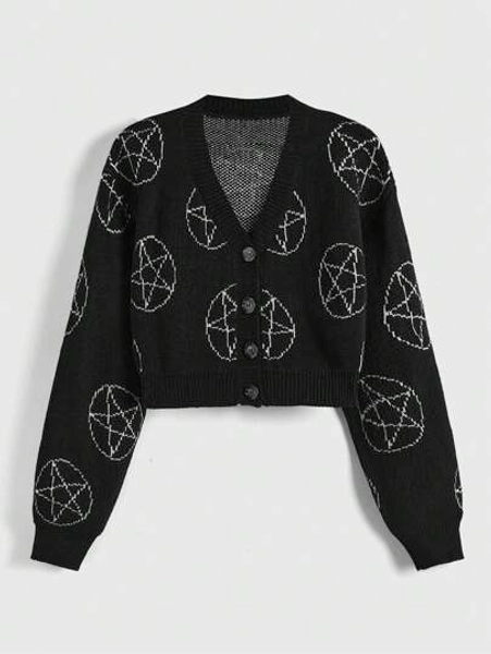 ROMWE Goth Geo Pattern Drop Shoulder Cardigan