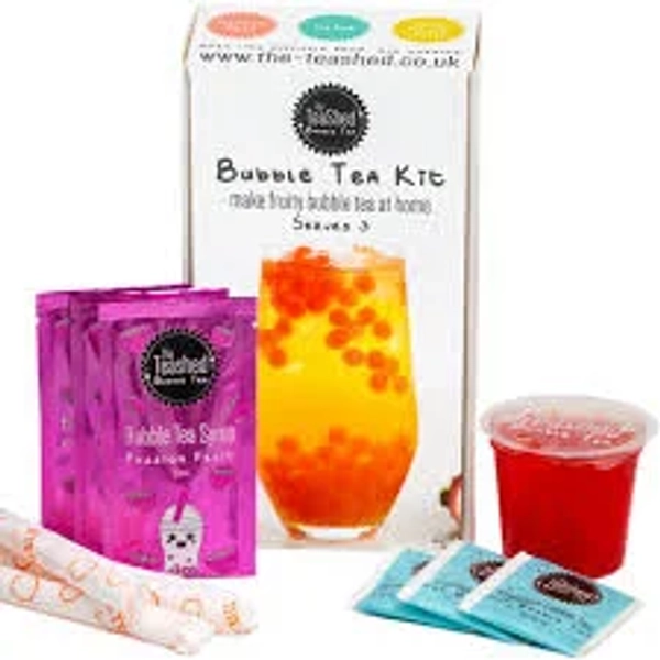 Fruity Bubble Tea Kit Gift Box | 3 Servings | Passion Fruit Syrup, Strawberry Popping Boba, Tea Bags and Paper Straws | Bubble Tea at Home