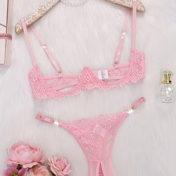 Women's Sexy Half-Cup T-Back Bra and Panties Set in Pink, Pure Desire Alluring Style