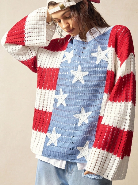 Bohemela Women's Casual Colorblock Hollow-Out Knit Sweater, Autumn