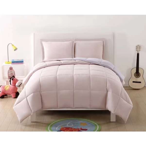 Twin Extra Long Anytime Solid Reversible Kids' Comforter Set Blush/Lavender - My World: Girls Bedding, Polyester, Modern
