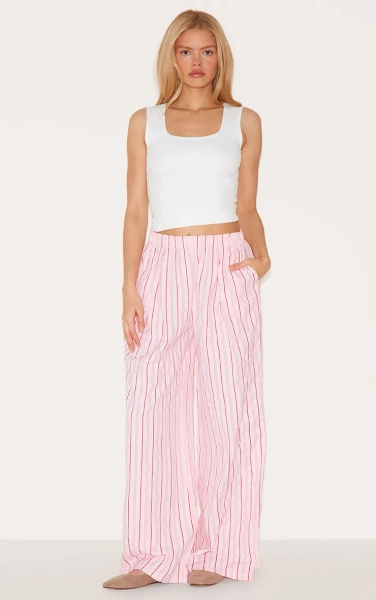 Pink Pinstripe Elasticated Waist Wide Leg Trousers