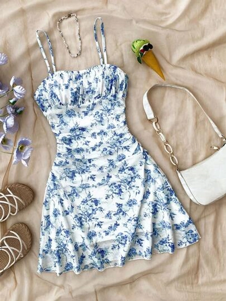 SHEIN Teen Girls Blue & White Floral Mesh Halter Neck Vacation/Holiday Dress, Vintage//Beach/Sea/Elegant/Cute, Spring & Summer, New Year, Valentine's Day Aesthetic Dresses Spring Dresses Blue And White Dress Summer Dresses Blue Floral Dress